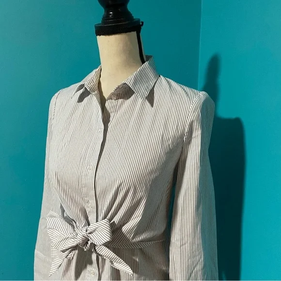 White House Black Market WHBM 0 Tie-Front Striped Button Down Tunic Top - Picture 4 of 5